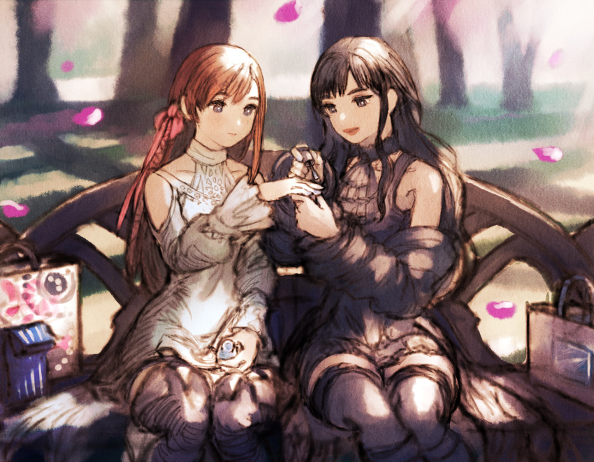 2girls applying_manicure ascot bag bench black_ascot black_dress black_footwear black_hair black_thighhighs blue_eyes boots bright_pupils clothing_cutout collarbone commentary_request dappled_sunlight day detached_sleeves dress falling_petals feet_out_of_frame final_fantasy final_fantasy_xiv frilled_sleeves frills gaia_(ff14) hair_ribbon highres hyur long_hair long_sleeves maeka_(kumaekake) multiple_girls nail_polish nail_polish_bottle nail_polish_brush on_bench orange_hair outdoors painting_fingernails petals ribbon ryne_waters shopping_bag shoulder_cutout sitting smile sunlight thigh_boots thighhighs white_dress white_pupils