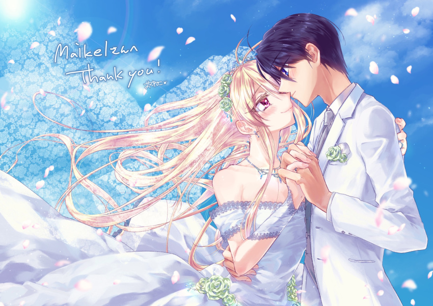 1boy 1girl armpit_crease bare_shoulders blonde_hair blue_eyes blue_hair blue_sky blush breasts bridal_gauntlets bridal_veil cherry_blossoms collarbone commentary_request commission commissioner_name couple dress dress_flower english_text eye_contact floating_hair hand_on_another's_back hand_on_another's_waist hetero highres holding_hands jewelry light_smile long_hair looking_at_another necklace necktie original oroneko pink_eyes ring shiny_skin short_hair skeb_commission sky smile suit thank_you veil wedding_dress wedding_ring white_bridal_gauntlets white_suit