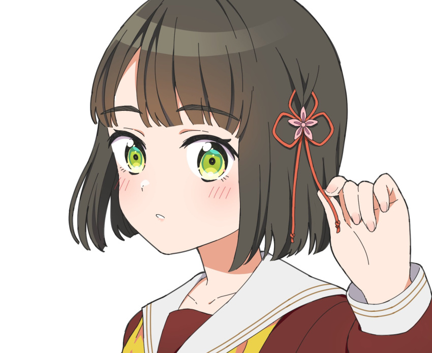 1girl black_hair blunt_bangs blush bob_cut brown_dress collarbone commentary_request dress flower_knot green_eyes hair_ornament hasu_no_sora_school_uniform highres jenny_(artist) link!_like!_love_live! long_sleeves looking_at_viewer love_live! momose_ginko neckerchief parted_lips portrait sailor_collar school_uniform short_hair solo upper_body virtual_youtuber white_background white_sailor_collar winter_uniform yellow_neckerchief