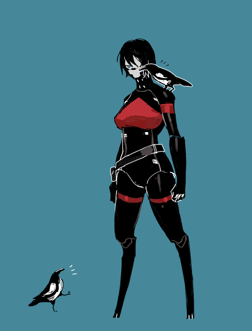 1girl animal animal_on_shoulder bird bird_on_shoulder black_hair blue_background blue_eyes colored_skin crow cyborg digitigrade elster_(signalis) full_body grey_skin hair_between_eyes highres looking_at_viewer mechanical_legs short_hair signalis simple_background solo standing yulei_yuuuuu