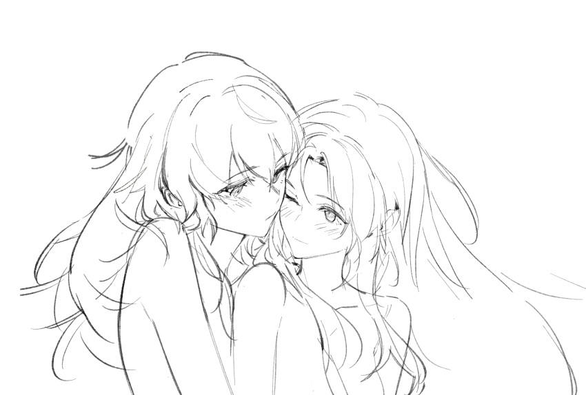 2girls artuvia breasts byleth_(female)_(fire_emblem) byleth_(fire_emblem) cheek-to-cheek chinese_commentary closed_mouth commentary_request edelgard_von_hresvelg fire_emblem fire_emblem:_three_houses greyscale heads_together highres long_hair monochrome multiple_girls nude one_side_up sketch smile upper_body yuri