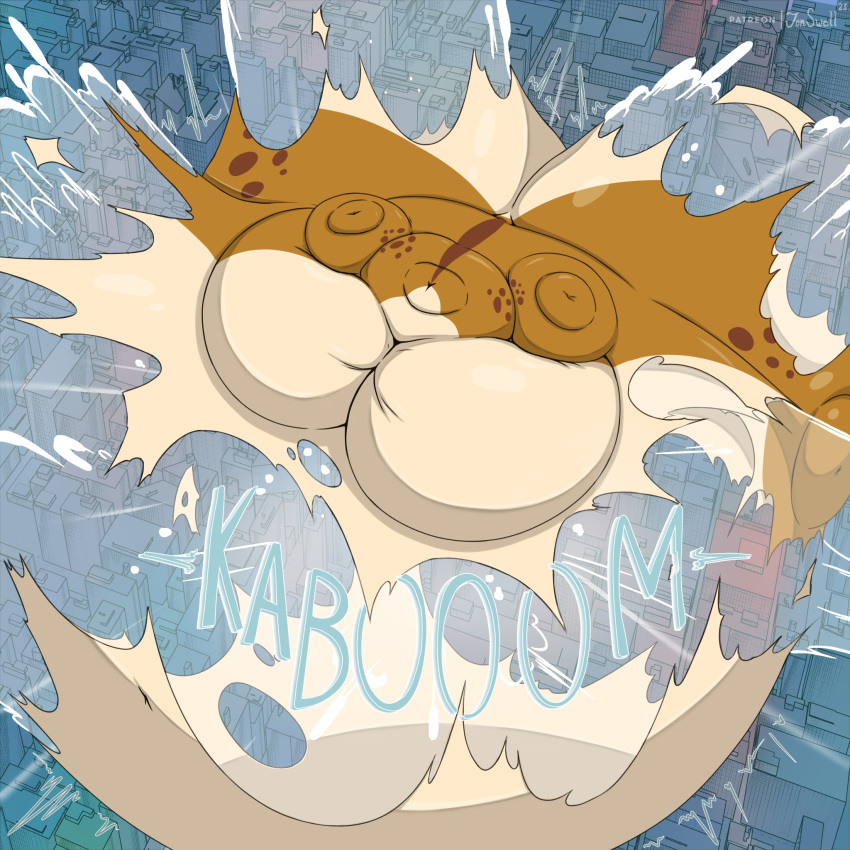 1:1 2023 air_puff artist_name belly big_belly big_butt blush blush_lines bodily_fluids breasts bursting butt city cityscape dated featureless_breasts hi_res huge_belly huge_butt hyper hyper_belly hyper_butt immobile inflation jonswell kaboom kobold motion_lines onomatopoeia patreon patreon_logo popping runt_(jonswell) sound_effects text