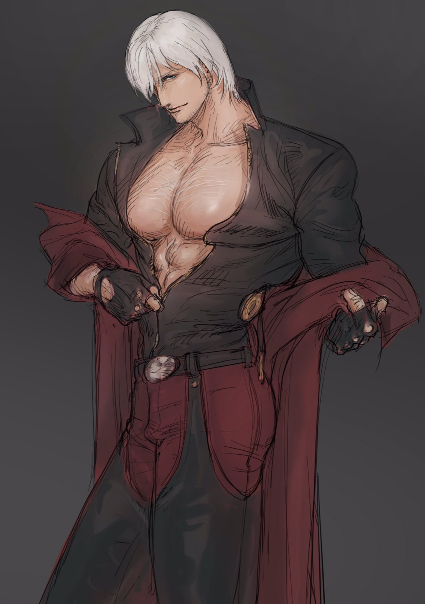 1boy abs backless_pants blue_eyes chaps coat cowboy_shot dante_(devil_may_cry) devil_may_cry_(series) devil_may_cry_4 fingerless_gloves gloves hair_over_one_eye highres holding large_pectorals looking_at_viewer male_focus manly muscular muscular_male pants pectoral_cleavage pectorals simple_background smile solo standing toned toned_male white_hair ye_(ye79132751)