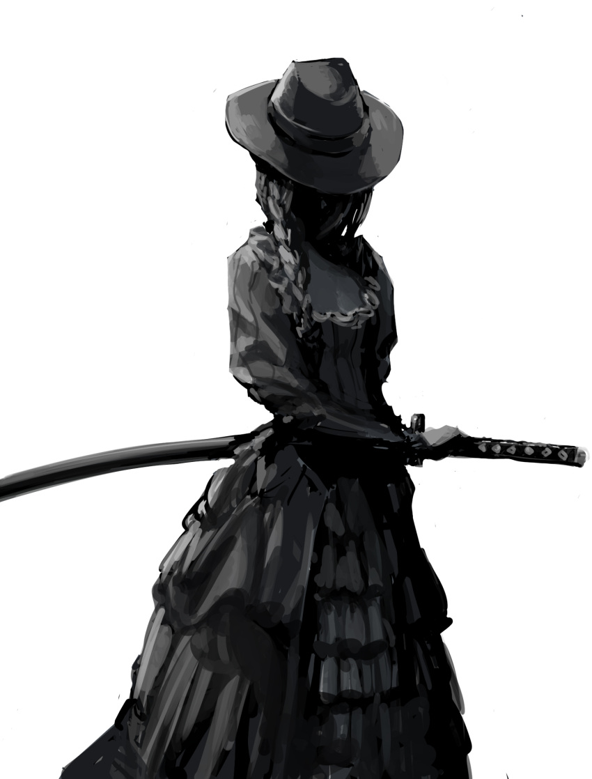 1girl braid commentary_request cowboy_shot dress english_commentary face_in_shadow fighting_stance frilled_dress frills greyscale hat highres inata_wataru katana long_dress long_hair long_sleeves mixed-language_commentary monochrome original ready_to_draw scabbard sheath sheathed simple_background solo standing sword weapon white_background