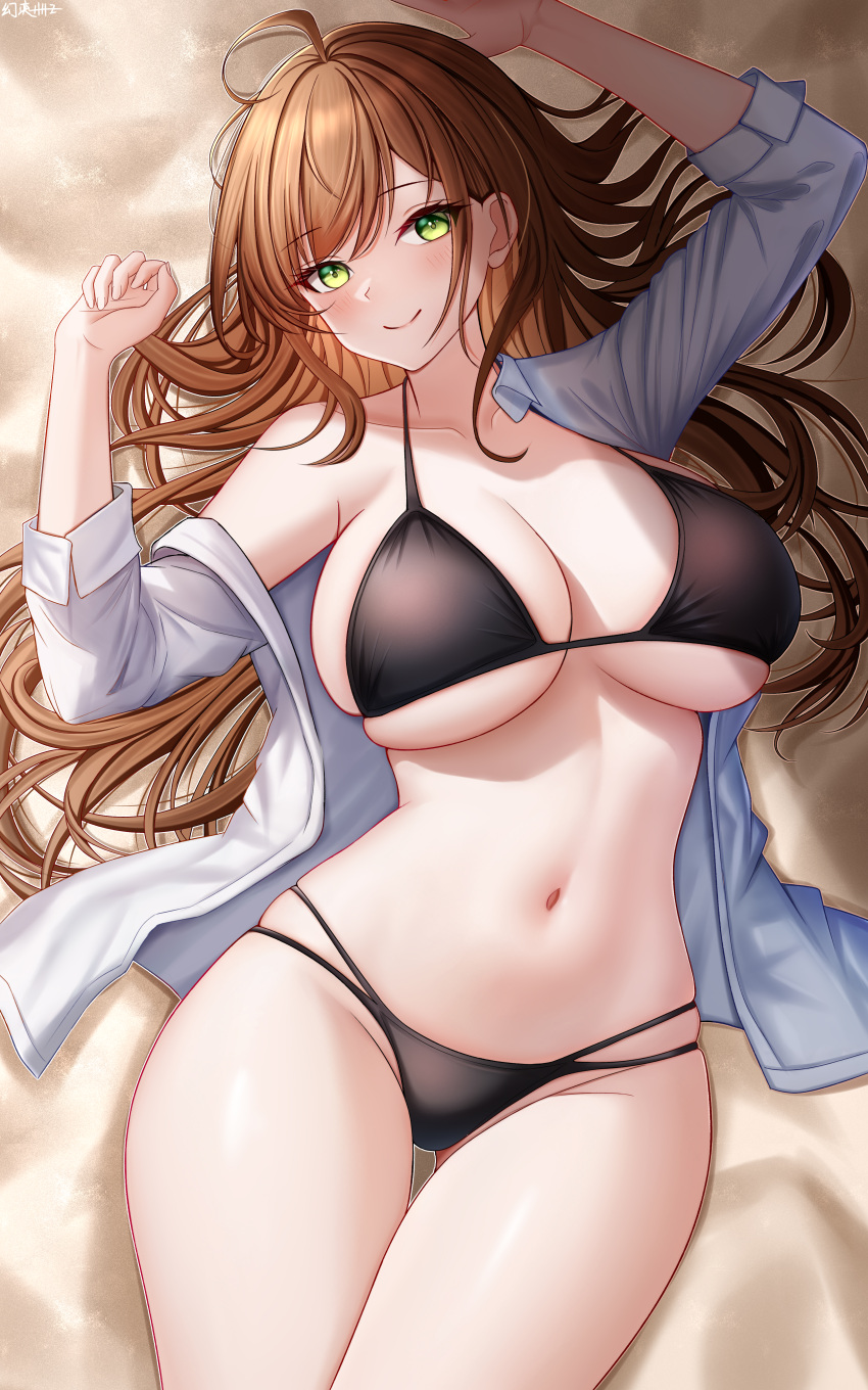 1girl absurdres bikini black_bikini breasts brown_hair chinese_commentary cleavage collared_shirt commentary_request cowboy_shot dress_shirt green_eyes highres huanyi_huanhuanzi large_breasts long_hair multi-strapped_bikini_bottom navel open_clothes open_shirt original sand shirt solo swimsuit thigh_gap white_shirt