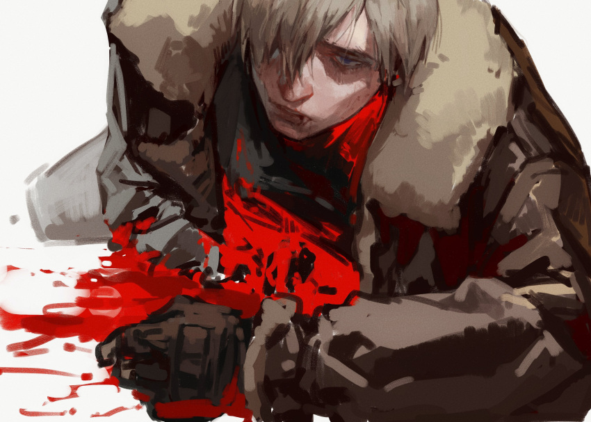 1boy absurdres bleeding blonde_hair blood blood_from_mouth blood_on_ground brown_coat coat crawling fingerless_gloves fur-trimmed_coat fur_trim gloves grey_pants hair_between_eyes hair_over_one_eye highres injury jianghesongmu leon_s._kennedy long_sleeves looking_at_viewer lying male_focus on_stomach pants resident_evil resident_evil_4 short_hair solo white_background