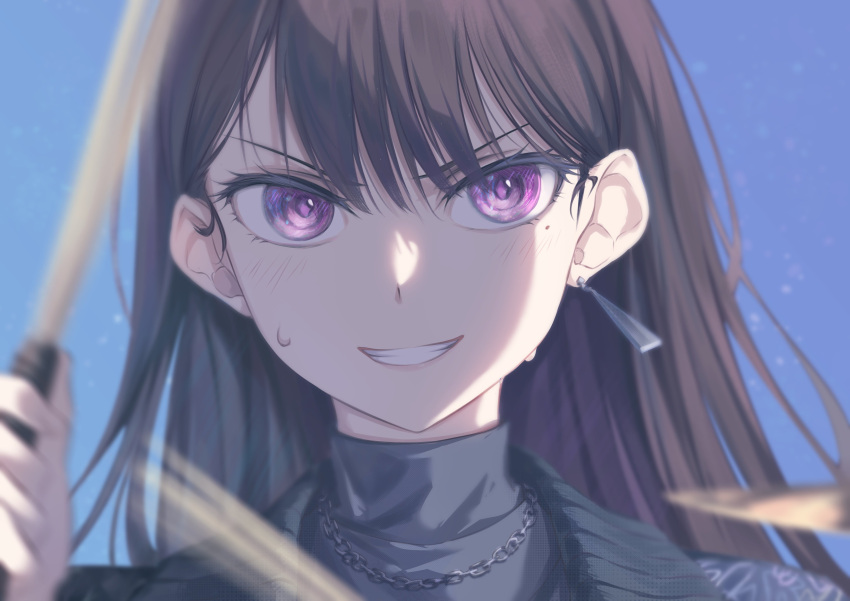1girl absurdres afterimage bang_dream! bang_dream!_it's_mygo!!!!! blue_background blush chain_necklace clenched_teeth commentary drumsticks earrings hair_between_eyes highres holding holding_drumsticks jewelry long_hair looking_at_viewer mole mole_under_eye necklace portrait purple_eyes raito_taisha shiina_taki solo teeth