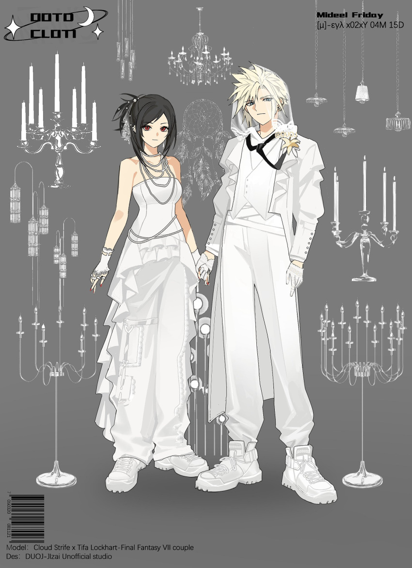 1boy 1girl absurdres alternate_costume alternate_hairstyle baggy_pants barcode bare_shoulders black_hair blonde_hair blue_eyes breasts candle candlelight closed_mouth cloud_strife commentary couple duoj_ji earrings fashion final_fantasy final_fantasy_vii final_fantasy_vii_rebirth final_fantasy_vii_remake flower frills full_body gloves hair_ornament hanging_light highres holding_hands jacket jewelry long_hair looking_at_viewer medium_breasts nail_polish necklace open_clothes open_jacket pants red_eyes red_nails ring shirt short_hair single_earring spiked_hair standing strapless strapless_shirt tifa_lockhart twitter_username veil vest white_footwear white_gloves white_jacket white_pants white_shirt white_theme white_vest yellow_flower