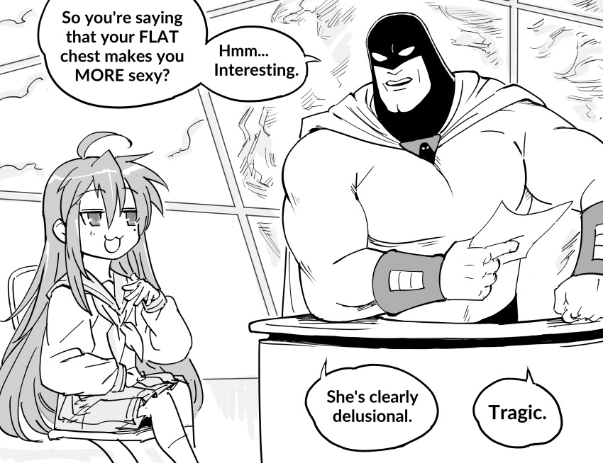 1boy 1girl :3 :d absurdres ahoge bb_(baalbuddy) bodysuit cape chair crossover desk english_commentary english_text greyscale highres izumi_konata jitome long_hair long_sleeves looking_at_another lucky_star monochrome pleated_skirt sitting skirt smile space_ghost space_ghost_(series) space_ghost_coast_to_coast speech_bubble superhero_costume