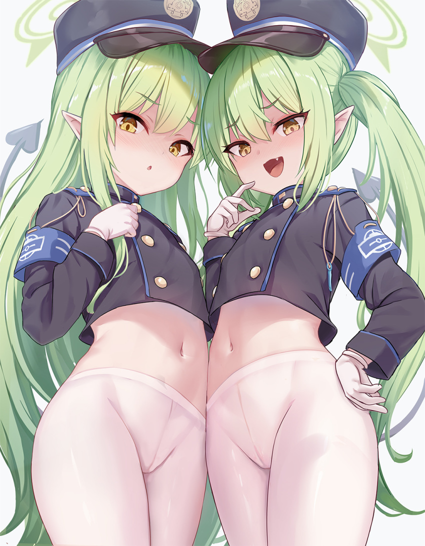 2girls black_hat blue_archive blush breasts commentary_request cropped_jacket gloves green_hair halo hat highres hikari_(blue_archive) long_hair long_sleeves looking_at_viewer midriff milkshakework multiple_girls navel nozomi_(blue_archive) open_mouth pantyhose peaked_cap pointy_ears smile white_pantyhose yellow_eyes