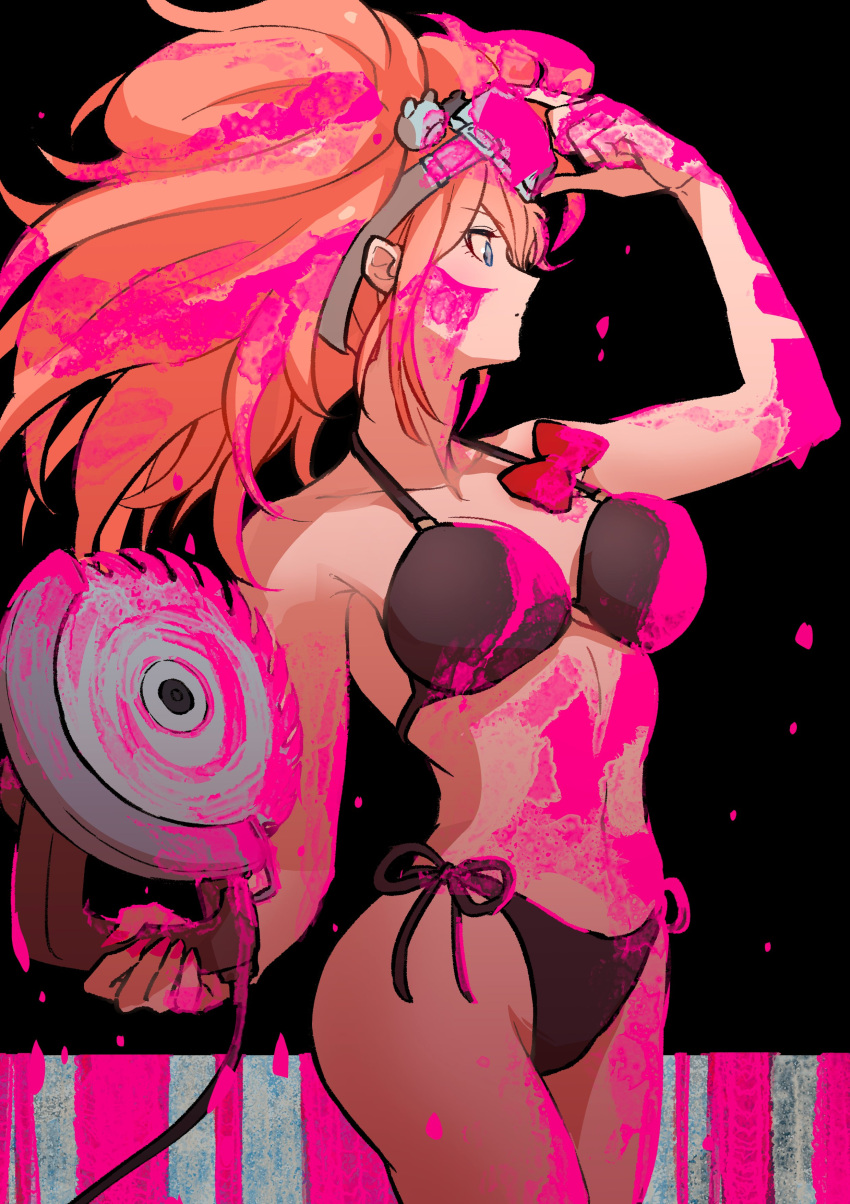 1girl absurdres bear_hair_ornament bikini black_background black_bikini blood bow breasts circular_saw closed_mouth collarbone cowboy_shot danganronpa:_trigger_happy_havoc danganronpa_(series) enoshima_junko goggles goggles_on_head hair_ornament hand_up highres holding large_breasts long_hair pink_blood profile red_bow saw side-tie_bikini_bottom solo swimsuit twintails youko-shima