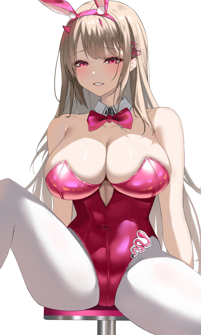 1girl absurdres animal_ear_hairband animal_ears bare_shoulders blush bow bowtie breasts cleavage covered_navel detached_collar fake_animal_ears feet_out_of_frame goddess_of_victory:_nikke hairband highres large_breasts leotard light_brown_hair linea_alba long_hair looking_at_viewer mole mole_under_eye murding official_alternate_costume on_stool pantyhose pink_bow pink_bowtie pink_leotard playboy_bunny rabbit_ear_hairband rabbit_ears simple_background sitting smile solo straight_hair strapless strapless_leotard very_long_hair viper_(nikke) viper_(toxic_rabbit)_(nikke) white_background white_pantyhose