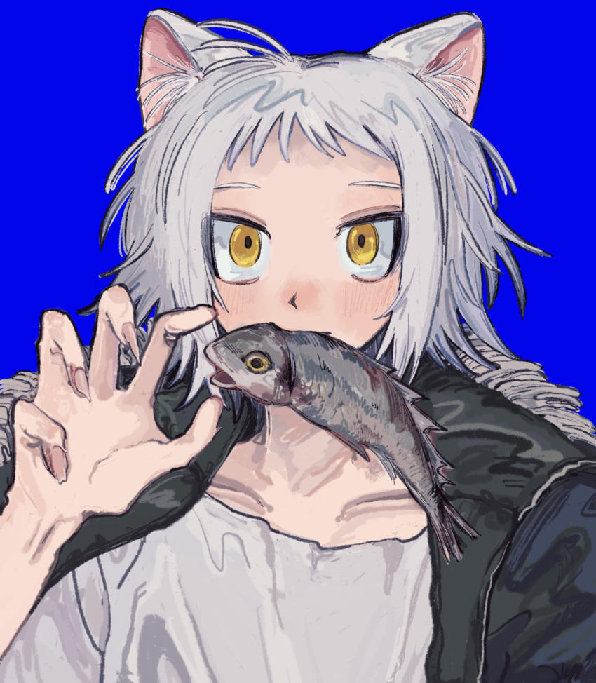 1girl animal_ears cat_ears fish highres original white_hair yellow_eyes