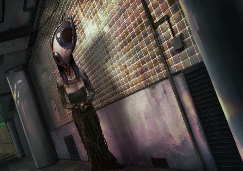 1girl black_hair blood blue_eyes creature dress hallway highres horror_(theme) industrial_pipe long_sleeves looking_at_viewer original own_hands_together shadow solo standing subway_station syourinusk tile_wall tiles