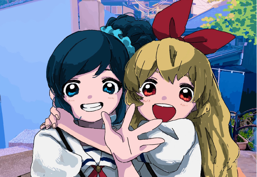 2girls aikatsu! aikatsu!_(series) arms_around_neck blonde_hair blue_eyes blue_hair blush bow day grin hair_bow hair_ornament hair_scrunchie hand_up highres hoshimiya_ichigo house hug kiriya_aoi long_hair looking_at_viewer multiple_girls neck_ribbon open_mouth osouzai-kun outdoors puffy_short_sleeves puffy_sleeves red_bow red_eyes red_ribbon ribbon sailor_collar scrunchie shirt short_sleeves side_ponytail sidelocks smile town upper_body waving white_sailor_collar white_shirt