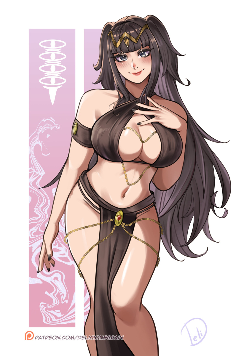 1girl absurdres artist_name black_eyes black_hair black_nails blunt_ends breasts circlet criss-cross_halter deliciousbrain eyeshadow fire_emblem fire_emblem_awakening gold_can halterneck highres large_breasts long_hair looking_at_viewer makeup meme_attire modakawa_dress nail_polish navel pelvic_curtain smile solo tharja_(fire_emblem) two_side_up