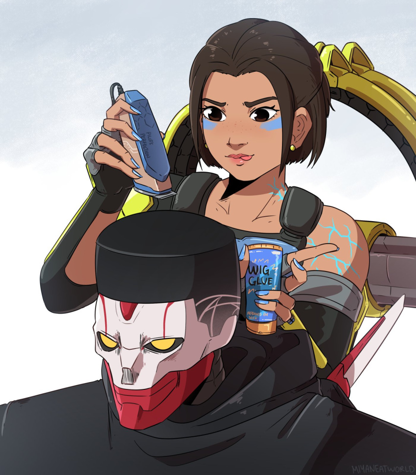 1boy 1girl apex_legends black_hair black_sclera bottle brown_eyes cable choso_giving_toudou_a_haircut_(meme) collarbone colored_sclera conduit_(apex_legends) elbow_gloves english_commentary fade_(haircut) fingerless_gloves flattop freckles gloves grey_gloves hair_behind_ear highres holding holding_bottle humanoid_robot meme miyan_(oceanmaiden) revenant_(apex_legends) robot short_hair simulacrum_(titanfall) tongue tongue_out yellow_eyes