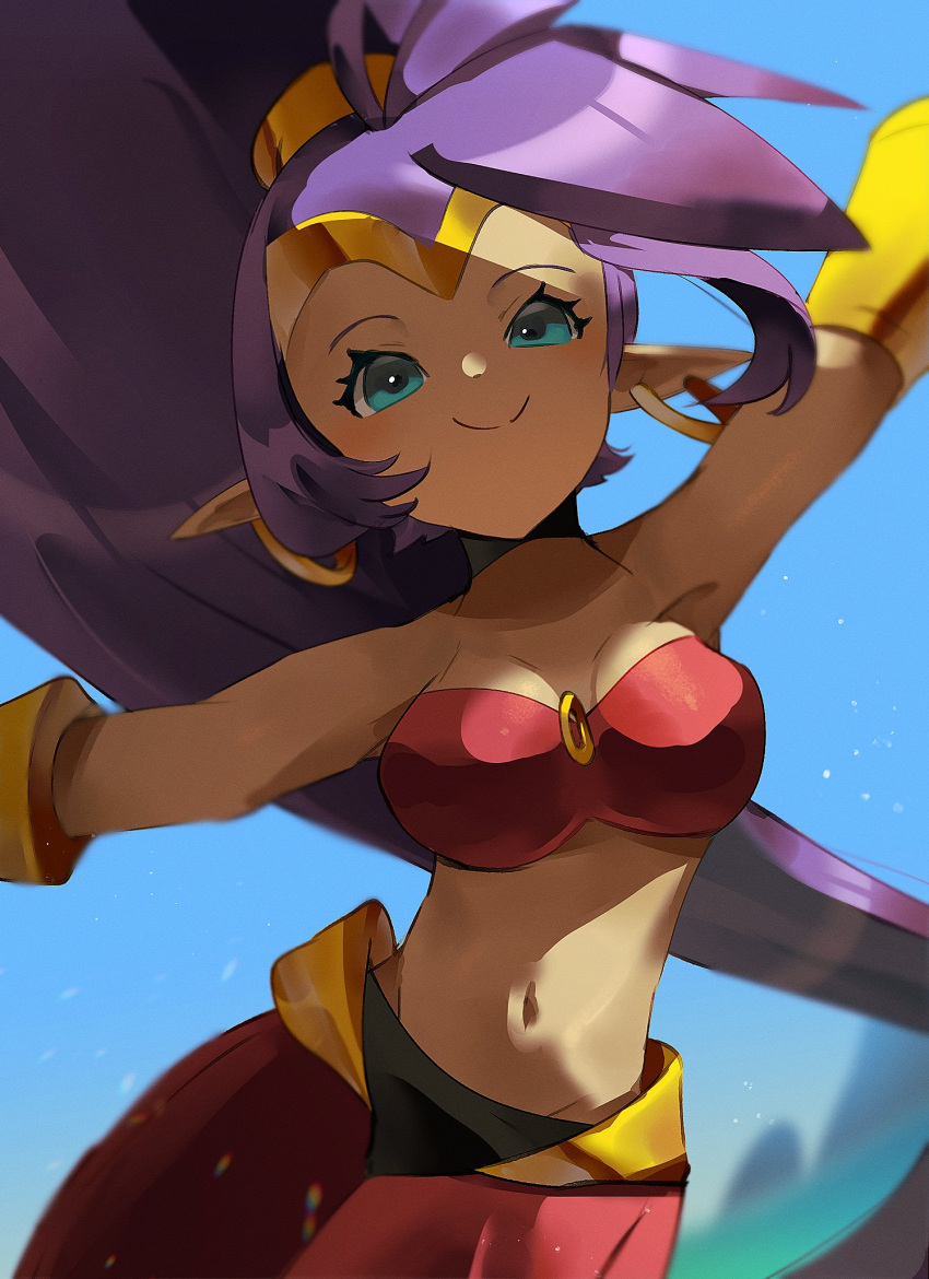 blue_eyes breasts clothing ear_piercing female genie hair hi_res humanoid humanoid_pointy_ears looking_at_viewer navel not_furry pachirisus piercing ponytail purple_hair shantae shantae_(series) simple_background smile solo tan_body tan_skin wayforward