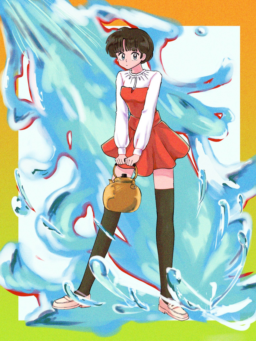 1girl black_eyes black_hair black_thighhighs blunt_bangs border commentary dress film_grain gradient_border green_border highres holding_kettle kettle kmr_doodle loafers long_sleeves looking_at_viewer orange_border own_hands_together ranma_1/2 red_dress shirt shoes short_dress short_hair solo splashing tendou_akane thighhighs v_arms water white_footwear white_shirt yellow_border zettai_ryouiki