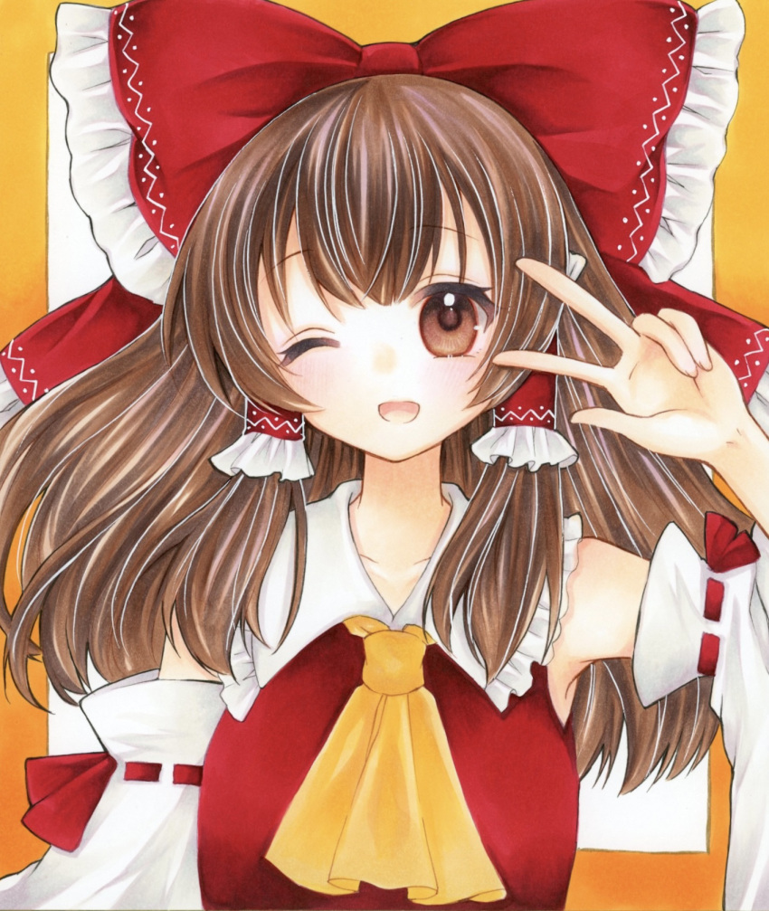 1girl ascot bow brown_eyes brown_hair commentary_request detached_sleeves frilled_bow frilled_hair_tubes frills hair_bow hair_tubes hakurei_reimu highres light_blush long_hair looking_at_viewer marker_(medium) one_eye_closed open_mouth red_bow ribbon-trimmed_sleeves ribbon_trim smile solo touhou traditional_media w yellow_ascot yuuki_hana_(jtnp5334)