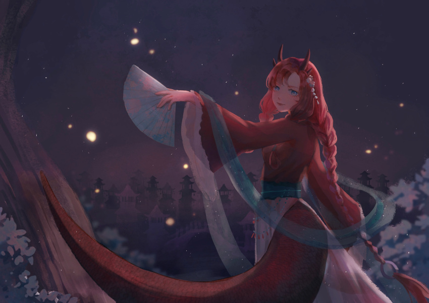 1girl absurdres blue_eyes dragon_girl dragon_horns dragon_tail from_behind hand_fan highres holding holding_fan horns liliantsai0417 long_hair long_skirt long_sleeves looking_back original outdoors red_hair skirt sky solo tail white_skirt
