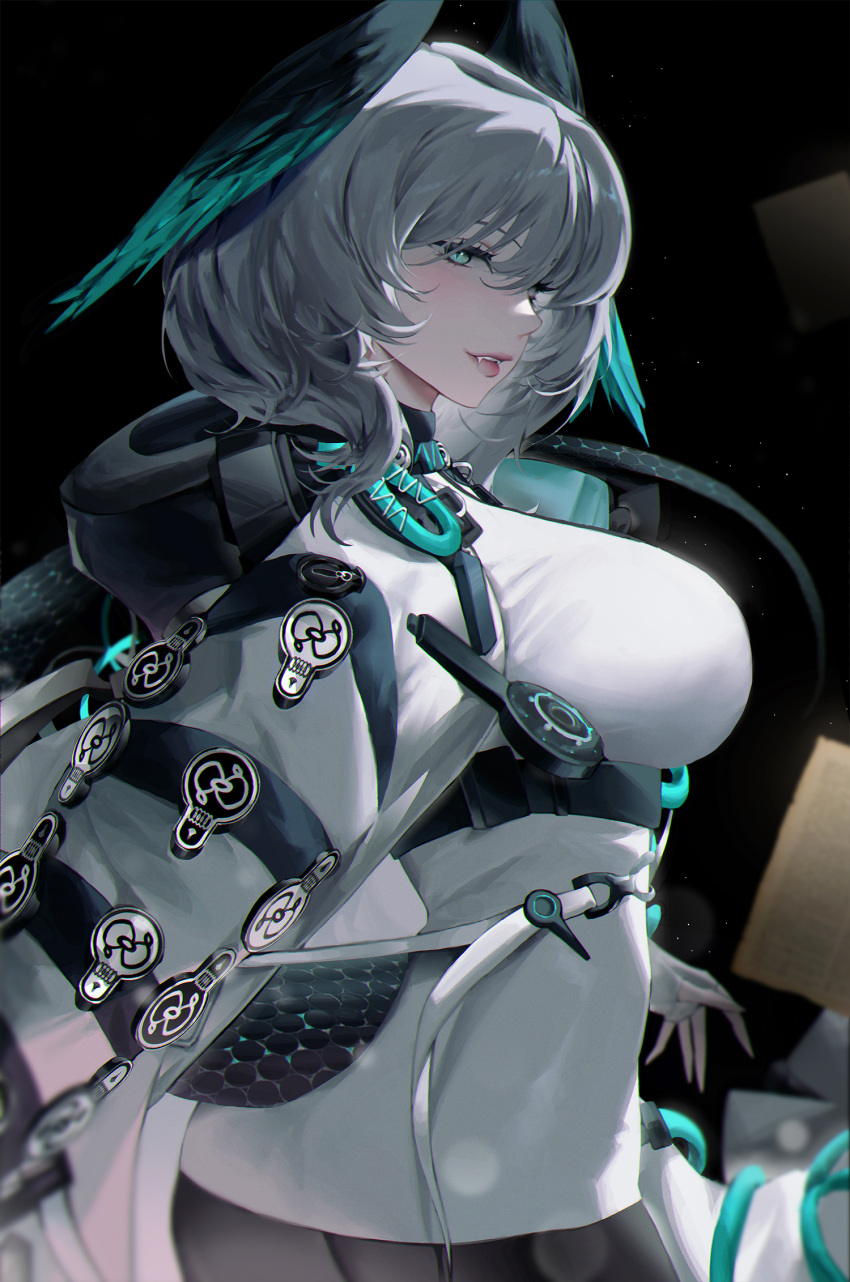 1girl aqua_eyes arknights black_background black_pantyhose black_wings blurry bokeh breasts charo_(morphodrake) commentary_request dark_background depth_of_field dress fang fang_out fangs from_side grey_hair head_wings highres ho'olheyak_(arknights) jacket large_breasts lips looking_at_viewer open_clothes open_jacket open_mouth pantyhose short_dress short_hair slit_pupils solo upper_body white_dress white_jacket wings