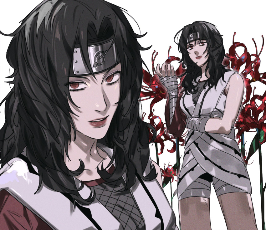 1girl arm_under_breasts bandaged_arm bandaged_hand bandaged_leg bandages bare_shoulders black_hair breasts brown_eyes closed_mouth cowboy_shot fishnet_top fishnets flower headband highres itachi3413 large_breasts long_hair looking_at_viewer messy_hair naruto_(series) parted_bangs parted_lips red_flower robe solo spider_lily upper_body wavy_hair white_robe yuuhi_kurenai