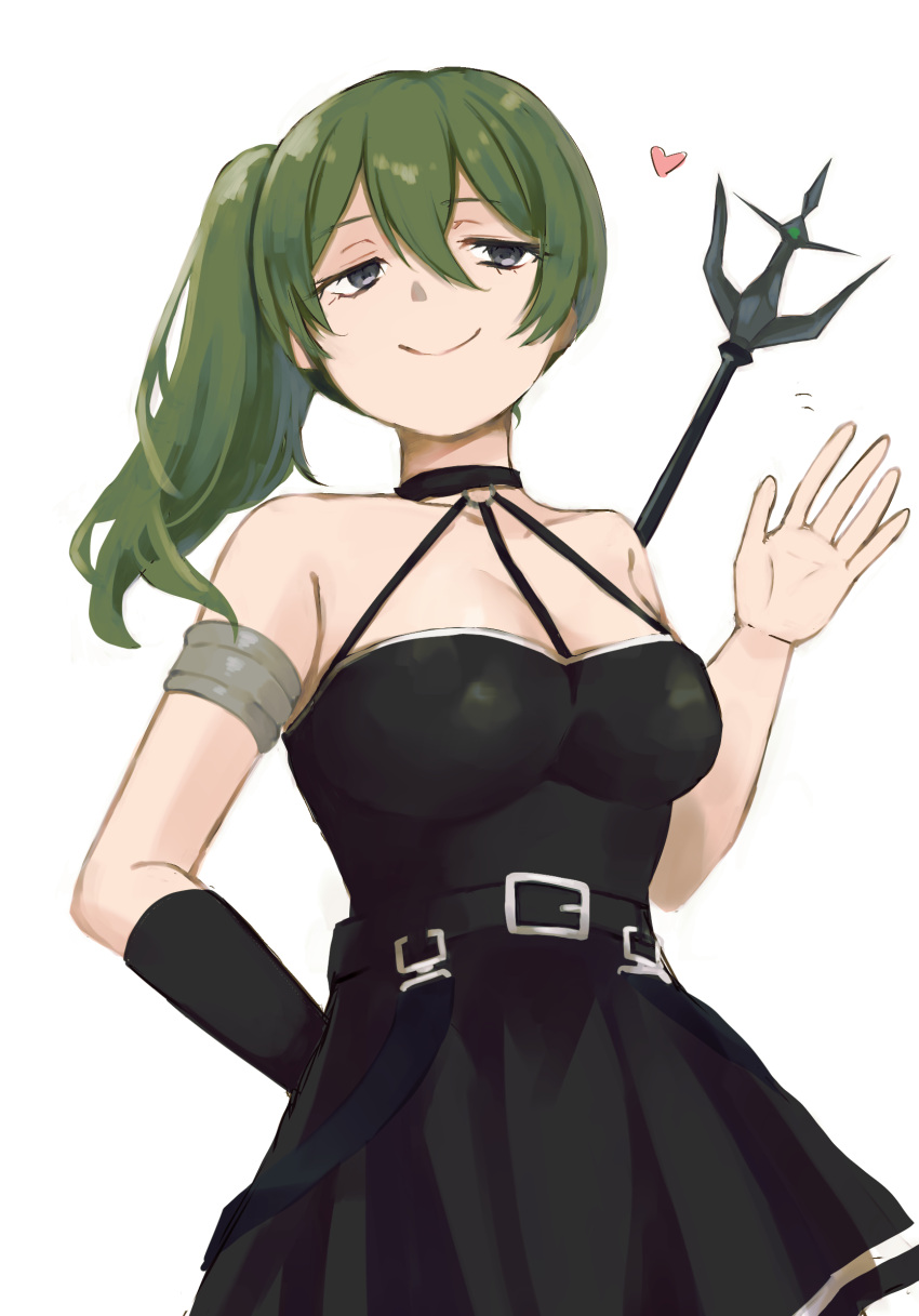 1girl bare_shoulders black_choker black_dress breasts choker closed_mouth collarbone commentary_request dress green_hair grey_eyes gucchiann hair_between_eyes hand_up heart highres medium_breasts polearm side_ponytail simple_background smile solo sousou_no_frieren trident ubel_(sousou_no_frieren) weapon white_background