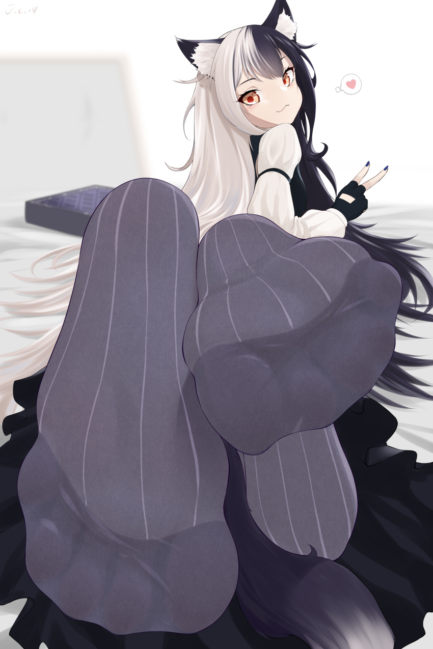 1girl :3 absurdres animal_ears black_gloves black_hair cat_ears cat_girl cat_tail commission dress feet feet_up fingerless_gloves foot_focus frilled_dress frills gloves grey_socks heart highres j.c.14 long_hair looking_at_viewer looking_back lying multicolored_hair on_bed on_stomach orange_eyes original pixiv_commission shirt socks soles solo spread_toes tail toes two-tone_hair v white_hair white_shirt