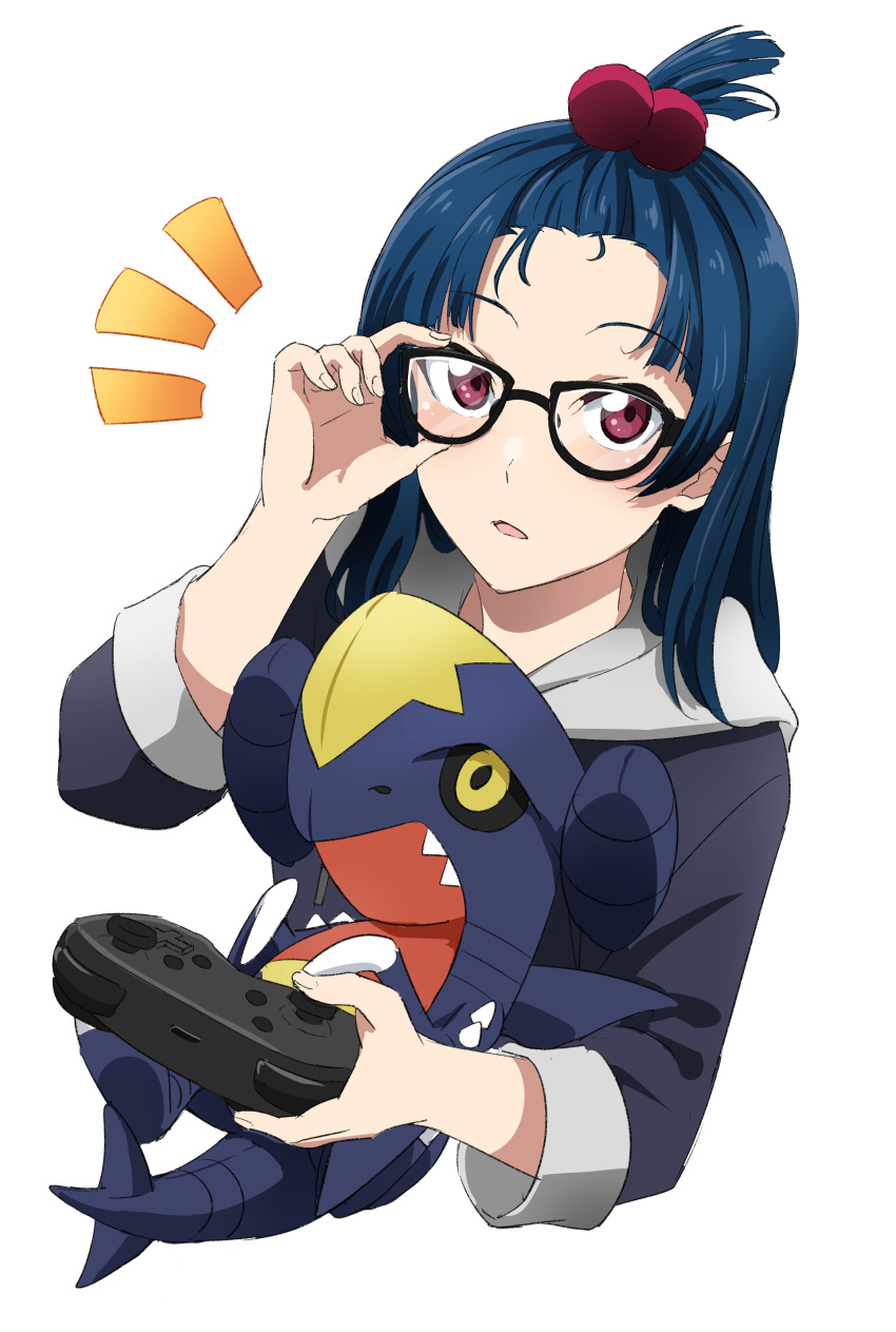 1girl absurdres adjusting_eyewear alternate_hairstyle black-framed_eyewear blue_hair controller cropped_torso game_controller garchomp glasses grey_sweater hair_bobbles hair_ornament highres holding hood hood_down hooded_sweater long_sleeves looking_at_viewer love_live! love_live!_sunshine!! pokemon pokemon_dppt red_eyes short_hair sketch solo stuffed_toy sweater tsushima_yoshiko upper_body vorupi