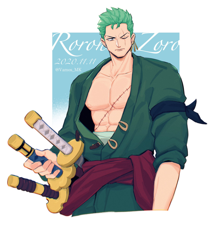 1boy abs arm_ribbon broad_shoulders character_name closed_mouth collarbone dated earrings furrowed_brow gold_earrings green_hair green_kimono hand_on_weapon haramaki highres japanese_clothes jewelry katana kimono multiple_earrings muscular muscular_male nipples one-eyed one_eye_closed open_clothes open_kimono pectorals red_sash ribbon roronoa_zoro sash scar scar_across_eye scar_on_chest short_hair stitched_torso stitches sword twitter_username upper_body v-shaped_eyebrows vamos_mk weapon