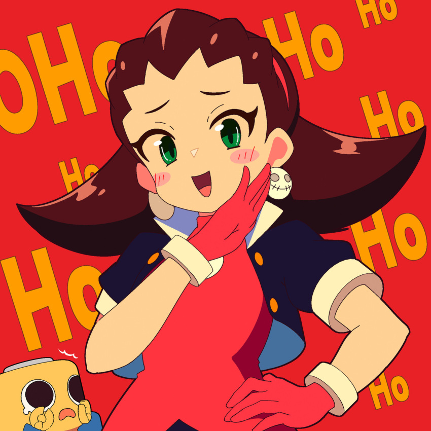 blue_jacket blush_stickers brown_hair cropped_jacket dress earrings gloves green_eyes hand_on_own_hip highres jacket jewelry medium_hair mega_man_(series) mega_man_legends_(series) ojou-sama_pose open_clothes open_jacket pink_dress pink_gloves red_background servbot_(mega_man) skull_brooch skull_earrings sleeves_rolled_up tron_bonne_(mega_man) upper_body yodok