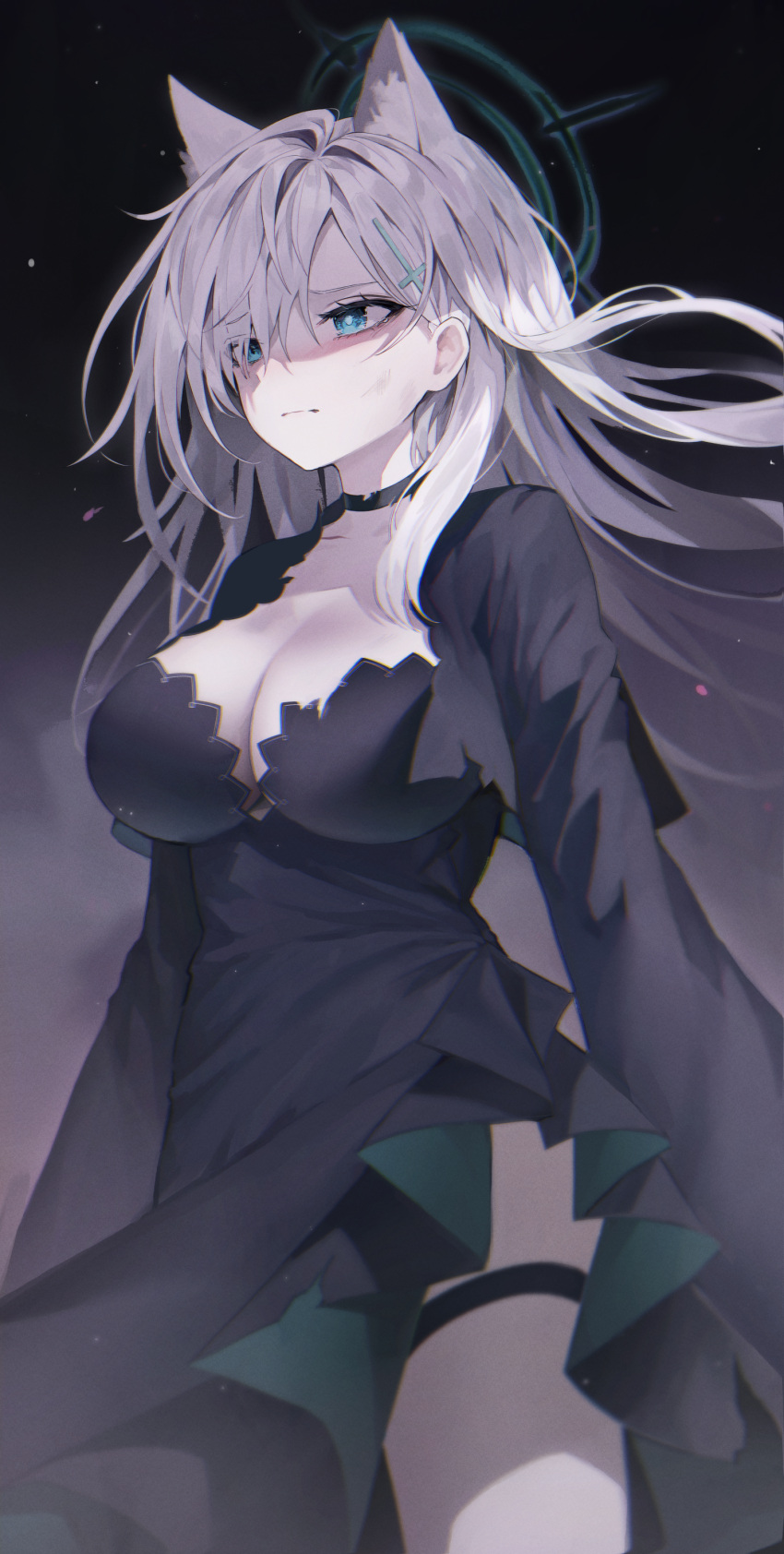 1girl absurdres animal_ear_fluff animal_ears black_choker black_dress blue_archive blue_eyes breasts chimyo choker cleavage closed_mouth commentary cross cross_hair_ornament dark_halo dress extra_ears grey_hair hair_ornament halo highres inverted_cross large_breasts long_hair long_sleeves mismatched_pupils revision shiroko_(blue_archive) shiroko_terror_(blue_archive) solo tearing_up thigh_strap wolf_ears