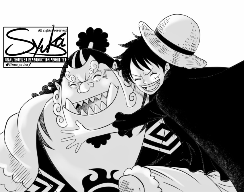 2boys ^_^ cape closed_eyes commentary_request facial_hair goatee greyscale happy hood hooded_cape hug japanese_clothes jinbe_(one_piece) kimono male_focus monkey_d._luffy monochrome multiple_boys one_piece one_syuka ponytail scar scar_on_face sharp_teeth short_hair shorts signature simple_background teeth thick_eyebrows tusks twitter_username