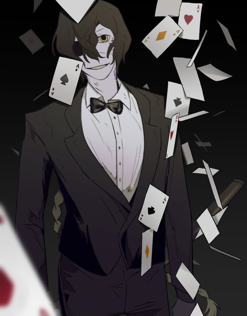 1girl absurdres ace_(playing_card) ace_of_diamonds ace_of_hearts ace_of_spades black_background black_necktie black_pants black_suit braid braided_ponytail brown_hair card collared_shirt diamond_(shape) dilated_pupils eyepatch grin hair_between_eyes heart highres katana long_hair long_sleeves looking_at_viewer necktie original pants playing_card reverse_trap scales sheath shirt simple_background smile solo spade_(shape) standing suit sword upper_body very_long_hair weapon white_shirt yellow_eyes yulei_yuuuuu