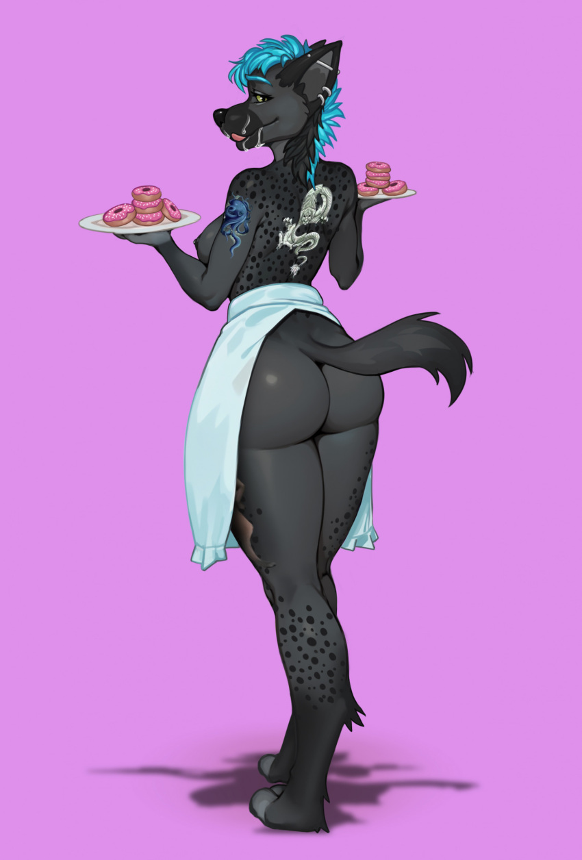 anthro apron apron_only black_body black_fur black_hair blue_hair bodily_fluids breasts butt canid cannie cephalopod clothing coleoid cum cum_on_face dessert doughnut ear_piercing ear_ring female food fur genital_fluids hair hi_res humanoid_hands hyena looking_at_viewer magna_nsfw mammal marine mollusk mostly_nude multicolored_body multicolored_fur multicolored_hair nipples octopodiform octopus paws piercing plates rear_view ring_piercing simple_background smile solo tail tattoo tongue two_tone_body two_tone_hair