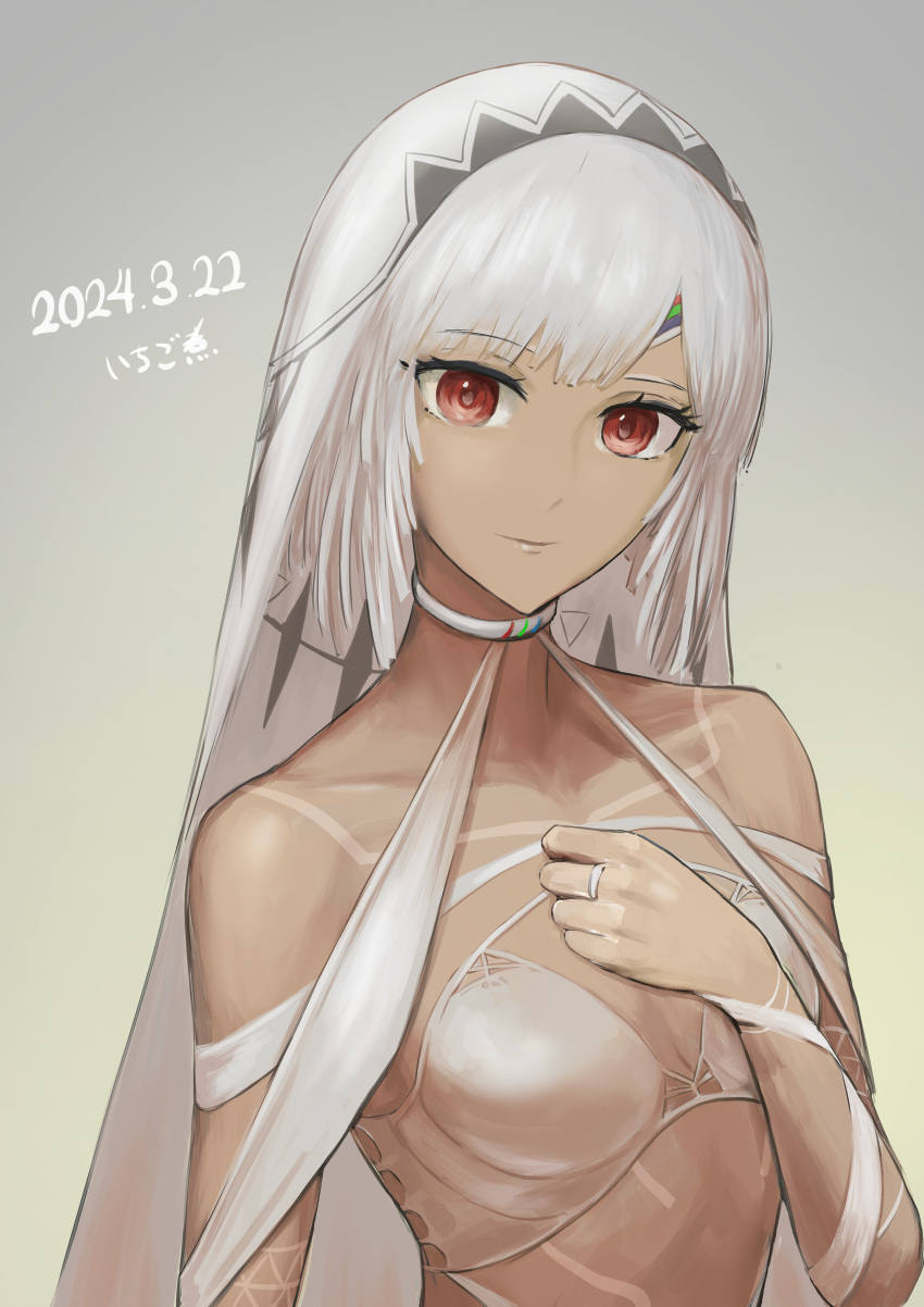 152_in_can 1girl 2024 absurdres altera_(fate) bra breasts cleavage closed_mouth collarbone commentary dark-skinned_female dark_skin dated dated_commentary fate/extella fate/extra fate_(series) gradient_background grey_background grey_bra highres jewelry long_hair looking_at_viewer red_eyes ring small_breasts smile solo straight_hair underwear upper_body white_hair white_veil