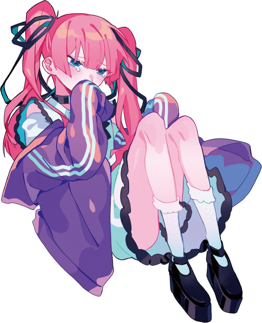 1girl black_choker black_footwear black_ribbon blue_eyes blunt_bangs borrowed_character choker collar collared_dress commentary_request covering_own_mouth crying crying_with_eyes_open dress frilled_collar frilled_dress frilled_socks frills hair_ribbon highres himanemuitoma jacket knees_up long_hair long_sleeves michiko_ame official_art original pink_hair purple_jacket rainy_girl_(vocaloid) ribbon sad sitting sleeves_past_fingers sleeves_past_wrists socks solo tears transparent_background twintails vocaloid white_dress white_socks
