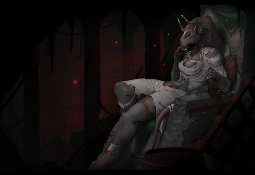 anthro background_smoke bottle chair colored container female furniture hi_res horn kagora kredri mammal murid murine old_clothes pose rat ratling rodent scaven sitting solo thinking throne underground