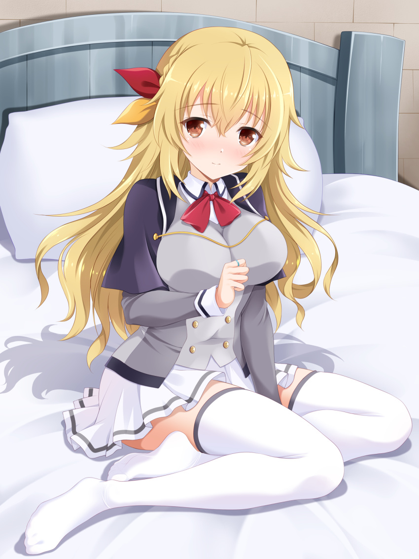 1girl bashen_chenyue blonde_hair blue_capelet blush braid breasts brown_eyes capelet eyebrows_hidden_by_hair full-face_blush full_body grey_shirt hair_between_eyes hair_ornament highres jewelry large_breasts light_smile long_hair neck_ribbon no_shoes on_bed pillow ribbon ring saikyou_onmyouji_no_isekai_tenseiki school_uniform shadow shirt sitting skirt soles solo thighhighs white_skirt white_thighhighs yifa yokozuwari