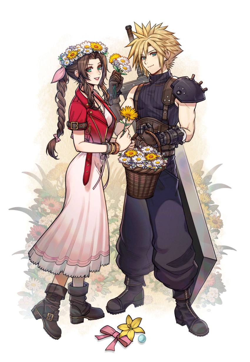 1boy 1girl absurdres aerith_gainsborough armor basket black_footwear black_pants blonde_hair blush boots bow braid braided_ponytail brown_footwear brown_hair buster_sword closed_mouth cloud cloudy_sky commentary copyright_name cropped_jacket dress english_commentary final_fantasy final_fantasy_vii final_fantasy_vii_rebirth final_fantasy_vii_remake floral_background flower forehead full_body green_eyes hair_ribbon head_wreath highres holding holding_basket holding_flower jacket lily_(flower) lips long_hair lukrevadraws materia open_mouth pants pauldrons pink_bow pink_dress pink_lips pink_ribbon red_jacket ribbon shadow short_hair short_sleeves shoulder_armor sidelocks simple_background single_pauldron sky spiked_hair sword weapon white_flower yellow_flower