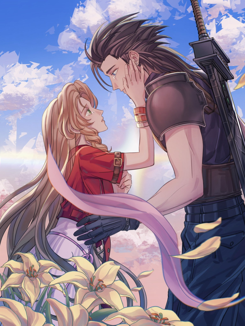 1boy 1girl aerith_gainsborough armor bangle black_gloves black_hair blue_eyes blue_sky bracelet brown_hair buster_sword cloud cloudy_sky commentary couple cowboy_shot crisis_core_final_fantasy_vii dress earrings english_commentary falling_petals final_fantasy final_fantasy_vii final_fantasy_vii_rebirth final_fantasy_vii_remake flower from_side gloves green_eyes hair_slicked_back hand_on_another's_face height_difference highres jacket jewelry long_hair looking_at_another parted_lips petals pink_dress pink_ribbon red_jacket ribbon short_sleeves shoulder_armor sky sleeveless sleeveless_turtleneck spiked_hair stud_earrings sweater sylvthea tears turtleneck turtleneck_sweater yellow_flower zack_fair