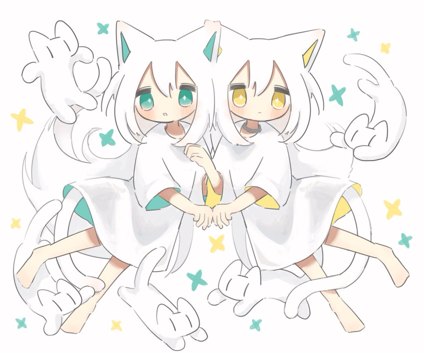 2girls animal_ears aqua_eyes barefoot blush cat cat_ears cat_girl cat_tail closed_mouth dress full_body highres long_hair looking_at_viewer matcha_ore_p multiple_girls original parted_lips simple_background tail very_long_hair white_background white_cat white_dress white_hair yellow_eyes