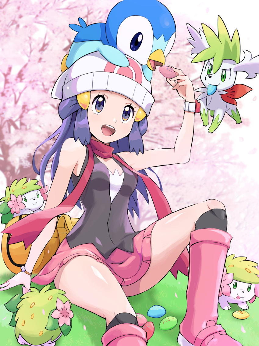 1girl :d absurdres arm_support bag beanie boots dawn_(pokemon) day duffel_bag eyelashes feeding grass grey_eyes hair_ornament hairclip hat highres holding kneehighs knees long_hair on_head open_mouth outdoors pink_footwear pink_skirt piplup pokemoa pokemon pokemon_(creature) pokemon_dppt pokemon_on_head poketch scarf shaymin shaymin_(land) shaymin_(sky) shiny_skin shirt sidelocks sitting skirt sleeveless sleeveless_shirt smile socks teeth tongue upper_teeth_only watch white_hat wristwatch yellow_bag