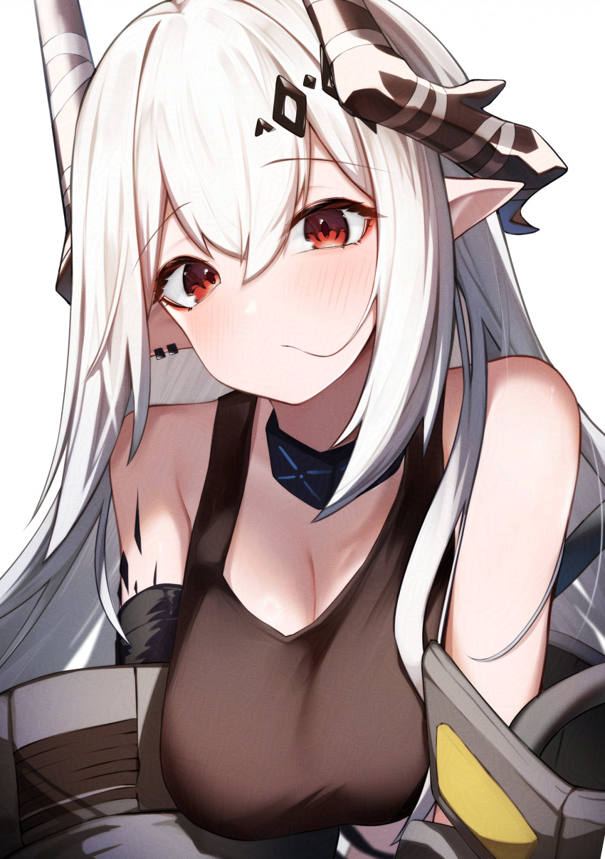 1girl absurdres arknights bare_shoulders blush breasts brown_horns brown_sports_bra cleavage closed_mouth ear_piercing expressionless hair_between_eyes hair_in_own_mouth highres horns infection_monitor_(arknights) long_hair looking_at_viewer material_growth medium_breasts mudrock_(arknights) off_shoulder oripathy_lesion_(arknights) piercing pointy_ears red_eyes simple_background solo sports_bra upper_body white_background white_hair worimehl