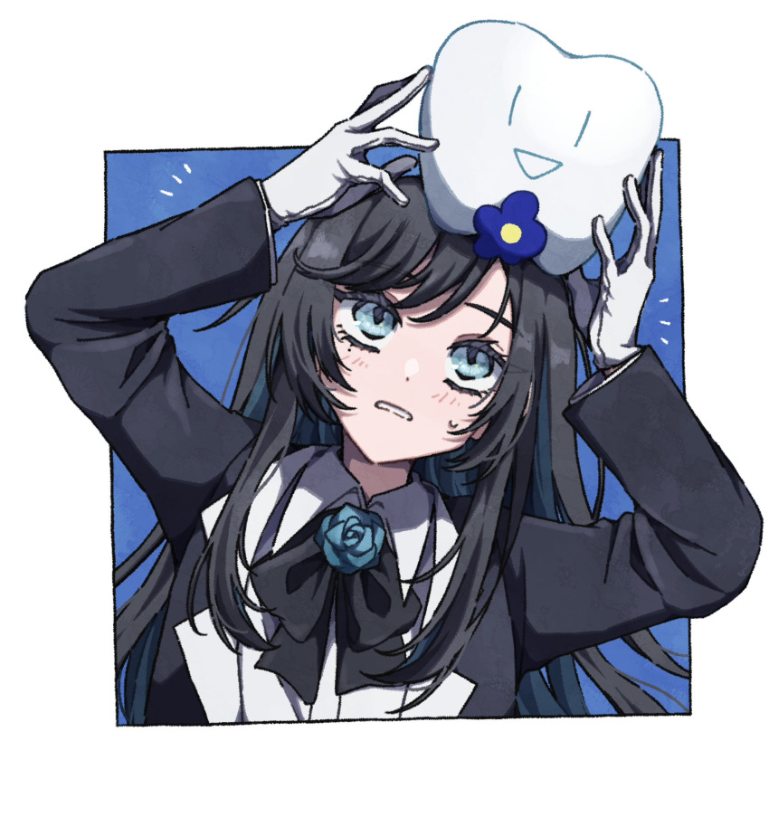 1girl ado_(utaite) arms_up black_bow black_bowtie black_coat black_hair blue_background blue_eyes blue_flower blue_hair blue_rose blush border bow bowtie chando_(ado) cloud_nine_inc coat collared_shirt colored_inner_hair commentary cropped_torso domidomi444 flower flower_brooch gloves highres long_sleeves mole mole_under_eye multicolored_hair open_clothes open_coat open_mouth outside_border rose shirt solo sweatdrop symbol-only_commentary tooth two-tone_hair upper_body utaite white_border white_gloves white_shirt