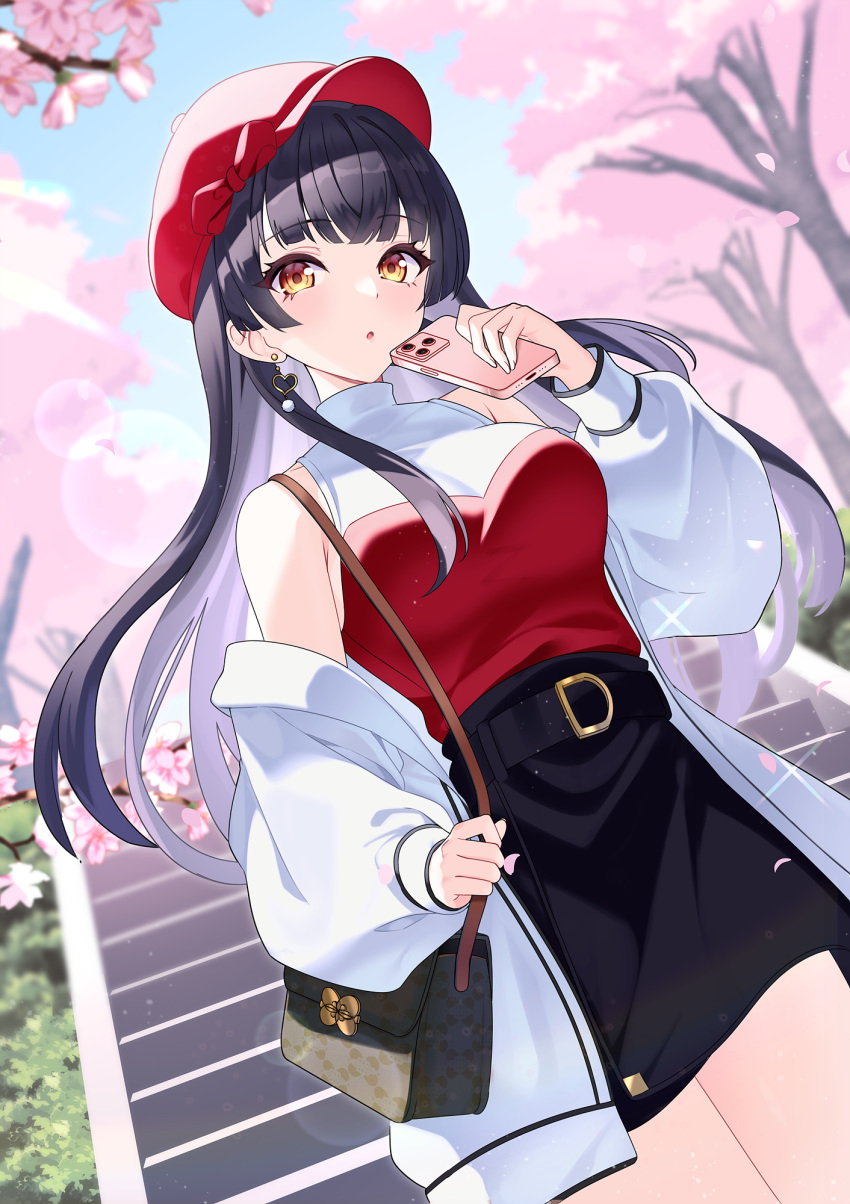 1girl :o alternate_costume alternate_hairstyle belt_buckle black_hair black_skirt blush buckle casual cellphone cherry_blossoms commentary_request dutch_angle earrings hat heart heart_earrings highres holding holding_phone idolmaster idolmaster_shiny_colors jacket jewelry long_hair looking_at_viewer mayuzumi_fuyuko outdoors peaked_cap phone red_hat shirt shirt_tucked_in skirt sleeveless sleeveless_shirt solo stairs sutoroa two-tone_shirt very_long_hair white_jacket