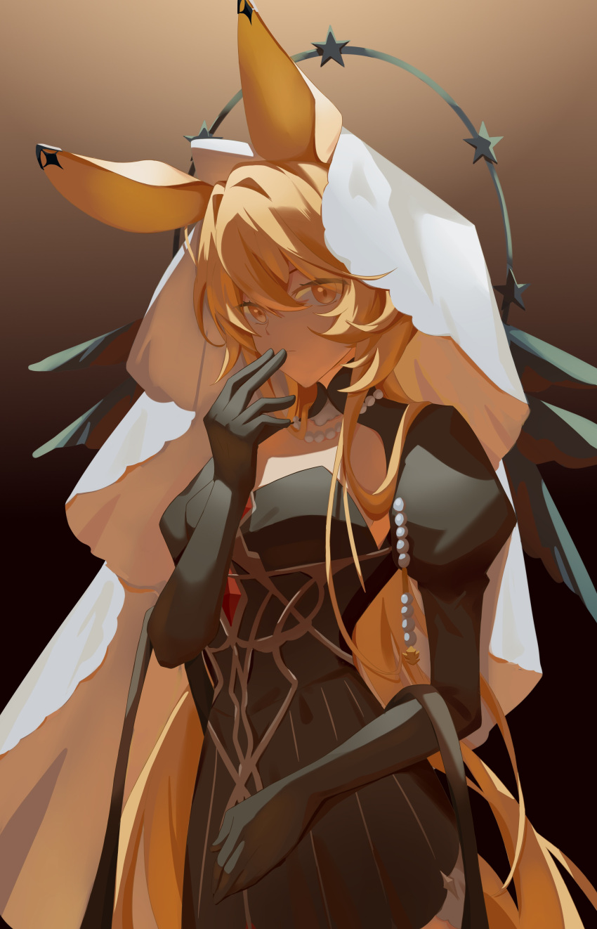1girl absurdres animal_ears arknights bead_necklace beads black_background black_dress black_gloves blonde_hair brown_background chinese_commentary cleavage_cutout closed_mouth clothing_cutout commentary_request cowboy_shot dorothy_(arknights) dress elbow_gloves eyes_visible_through_hair gloves gradient_background habit hair_between_eyes hand_to_own_mouth hand_up high_collar highres jewelry long_hair long_sleeves looking_at_viewer necklace qianyu766_(yu_jiang) solo standing star_(symbol) veil yellow_eyes