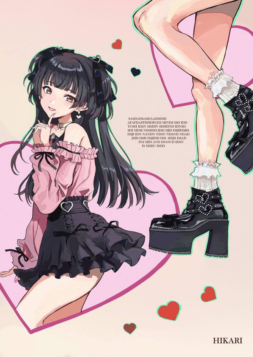 1girl absurdres bare_legs black_footwear black_hair black_skirt heart highres idolmaster idolmaster_shiny_colors jirai_kei long_hair looking_at_viewer mayuzumi_fuyuko miniskirt mou_(piooooon) multiple_views off-shoulder_shirt off_shoulder pink_shirt platform_footwear shirt shirt_tucked_in skirt socks very_long_hair white_socks