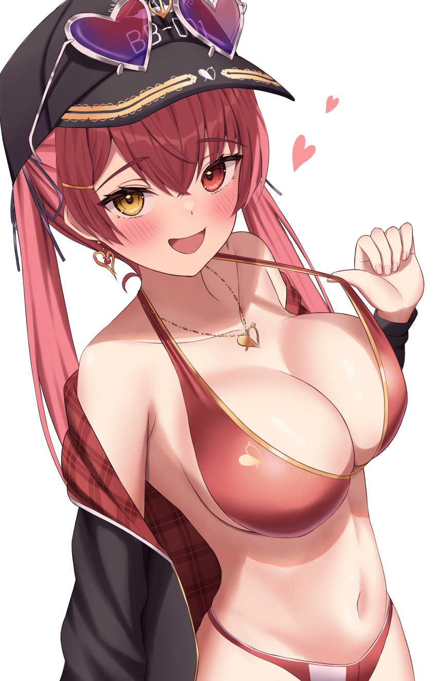 1girl absurdres bare_shoulders bikini bikini_under_clothes black_jacket blush breasts cleavage collarbone earrings eyewear_on_headwear heart heart-shaped_eyewear heart_necklace heterochromia highres hololive houshou_marine houshou_marine_(summer) jacket jewelry kumoru_(kumoru_145) large_breasts long_hair looking_at_viewer navel necklace official_alternate_costume open_clothes open_jacket open_mouth red_bikini red_eyes red_hair smile solo swimsuit twintails virtual_youtuber yellow_eyes